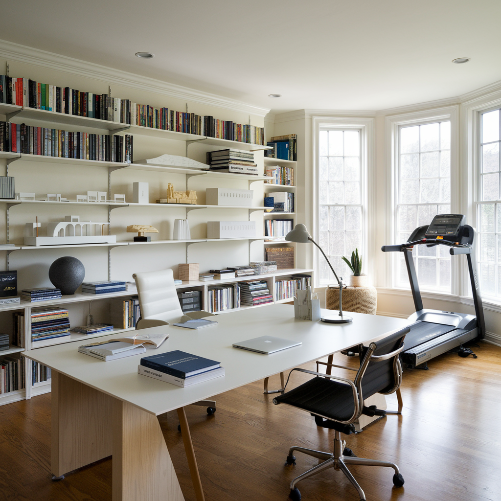 Mirror wall with foldable desk and equipment rack