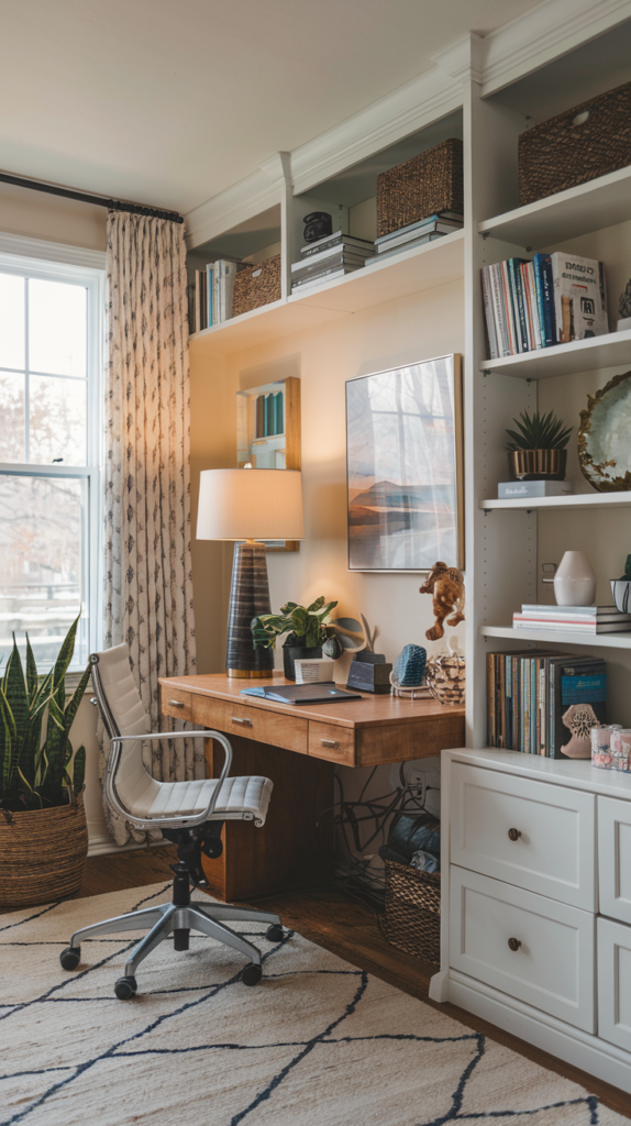 Personalized home office with books and music