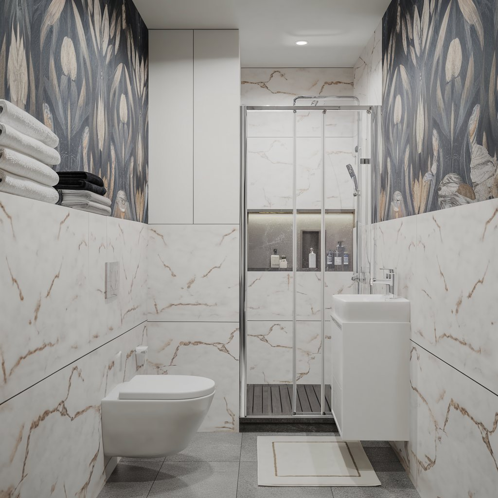 Oversized art in small bathroom