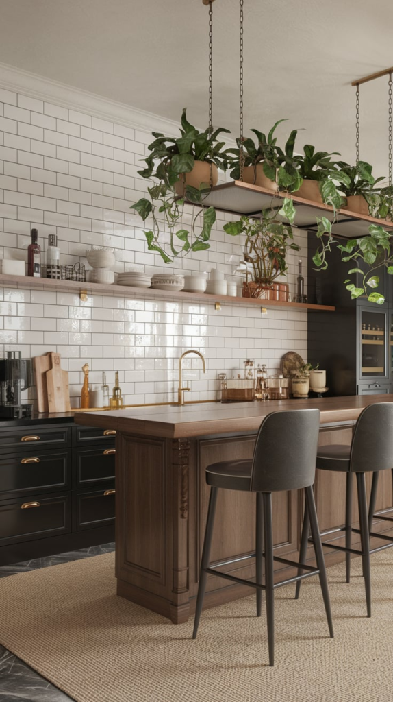 Open shelving above kitchen bar