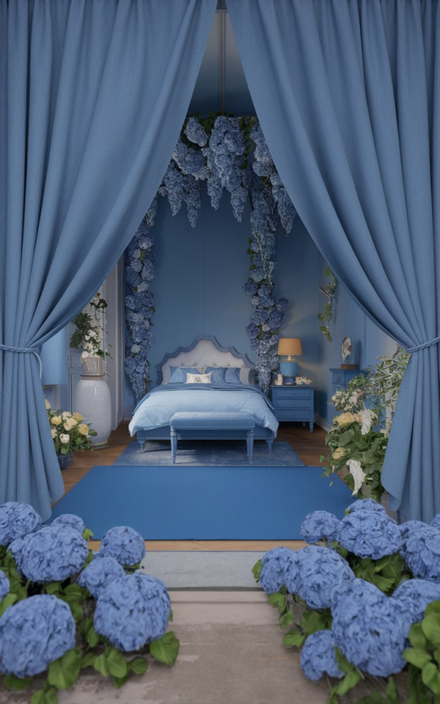 French blue velvet headboard
