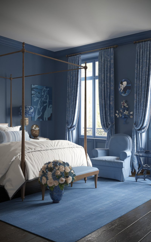 White accents in French blue bedroom