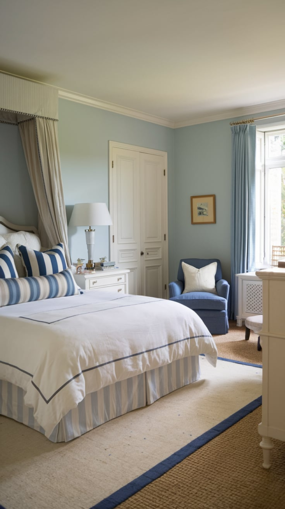 French blue wallpaper accent wall