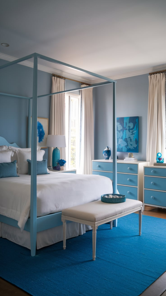 Fresh flowers and greenery in French blue bedroom