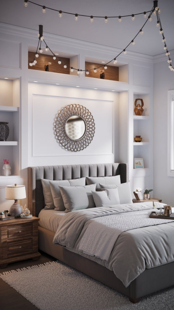 Fairy lights framing headboard