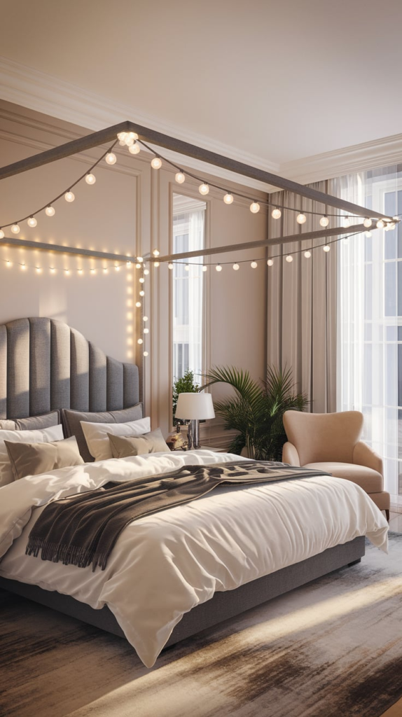 Fairy lights on wall with photos