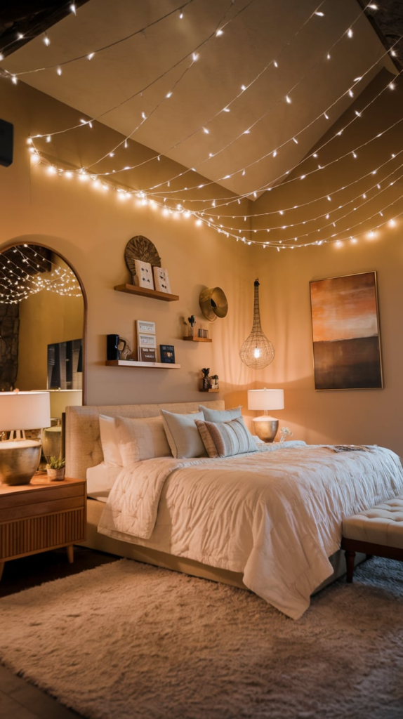 Fairy lights on shelves