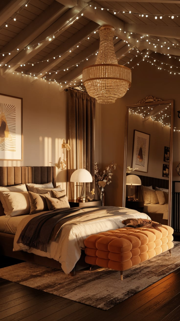 Fairy lights behind sheer curtains