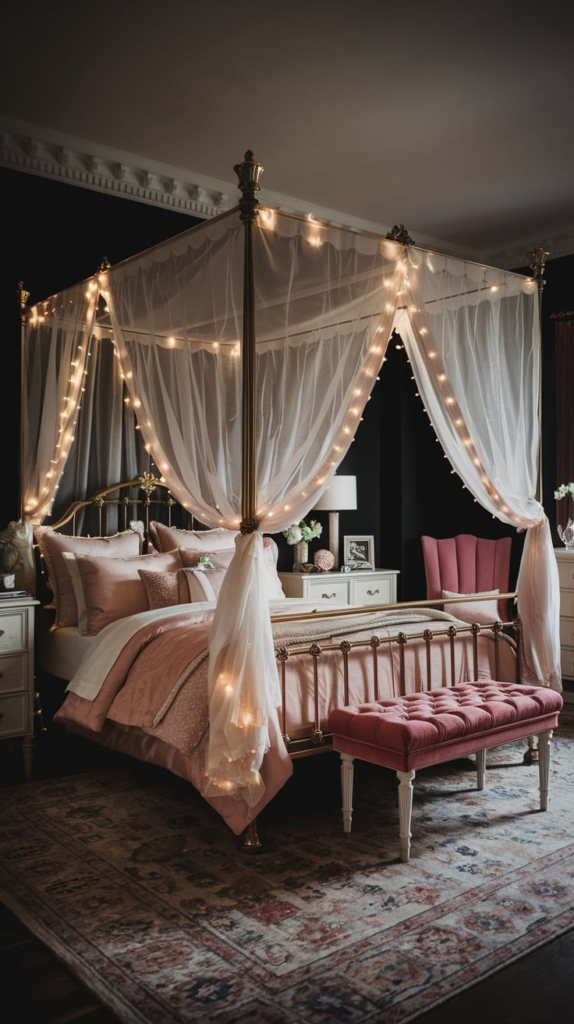 Fairy lights on bed frame