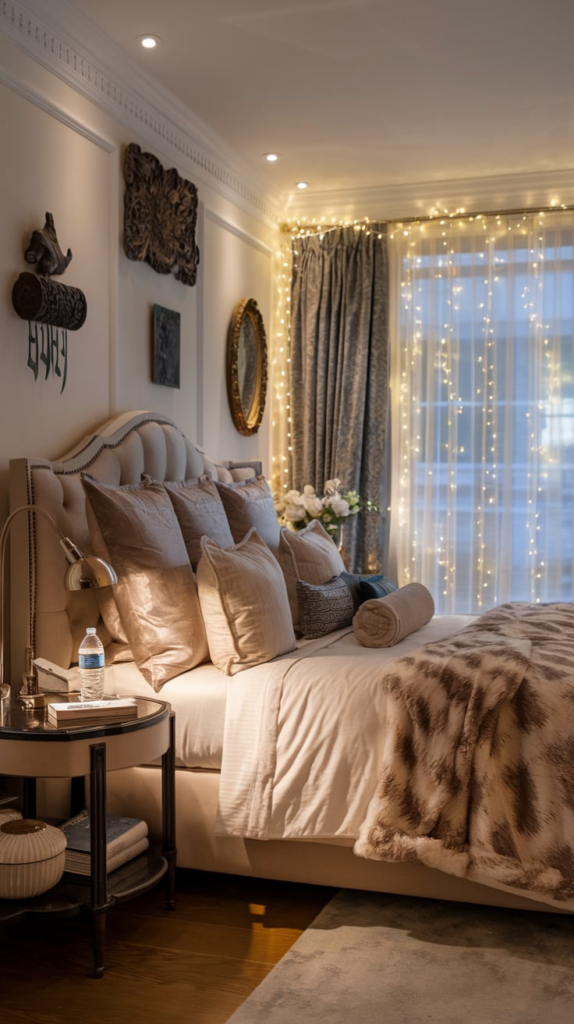 Cozy bedroom with fairy lights