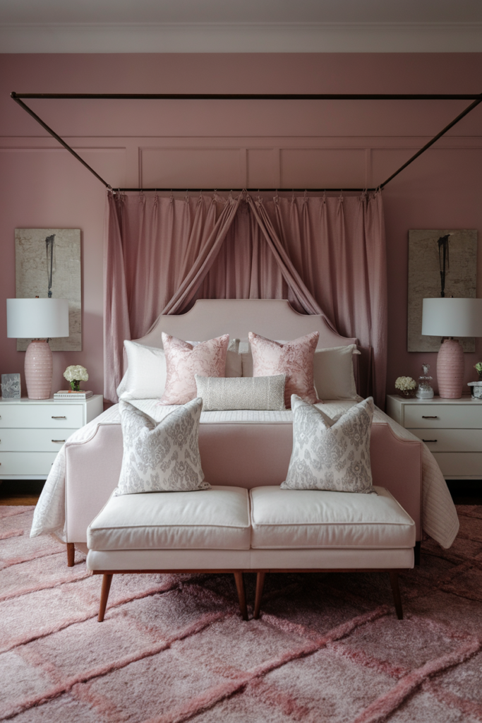 Warm lighting in dusty pink bedroom