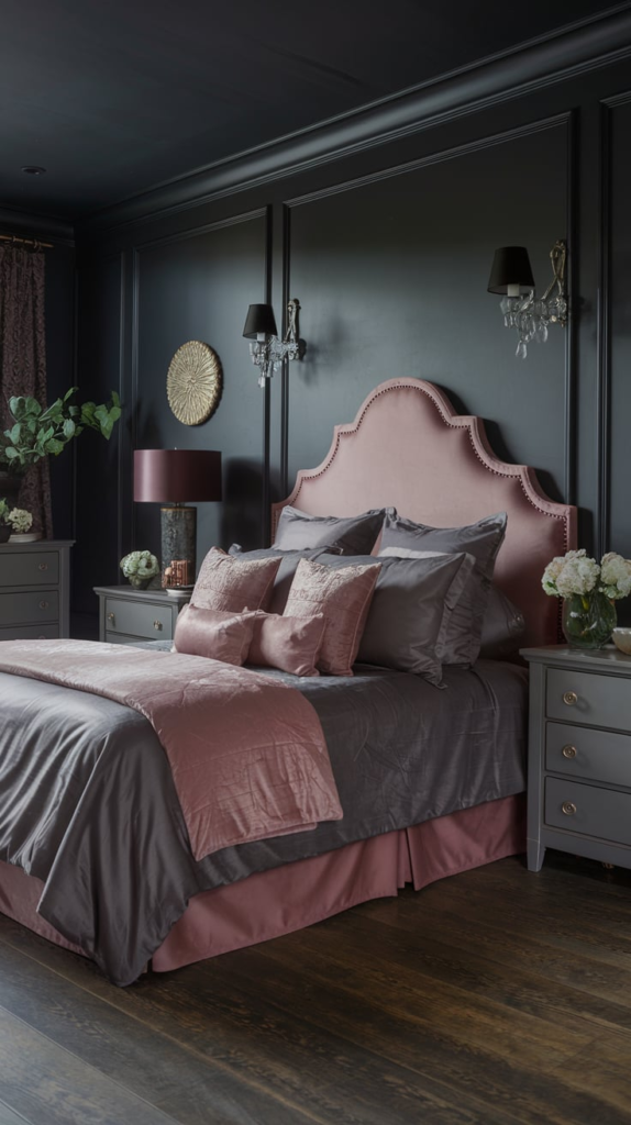 Gallery shelves with dusty pink decor