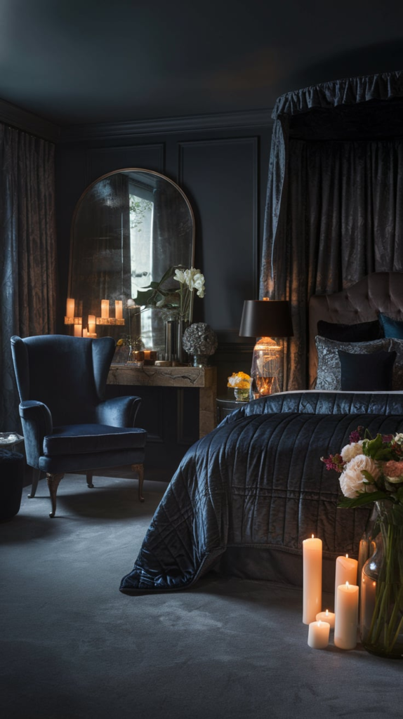 Faux fur rug beside bed