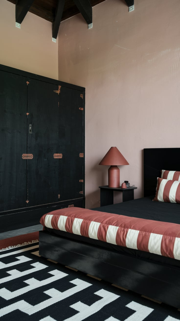 Black Leather Headboard with Rust Bedding