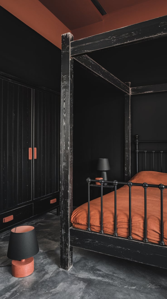 Rust Curtains with Black Furnishings