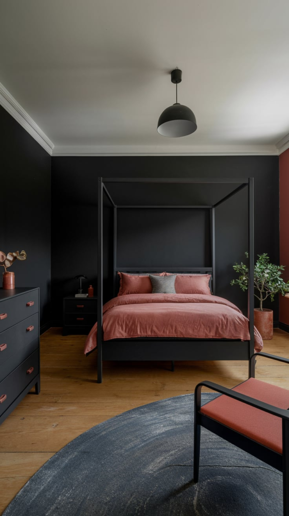 Rust Bedding with Black Furniture