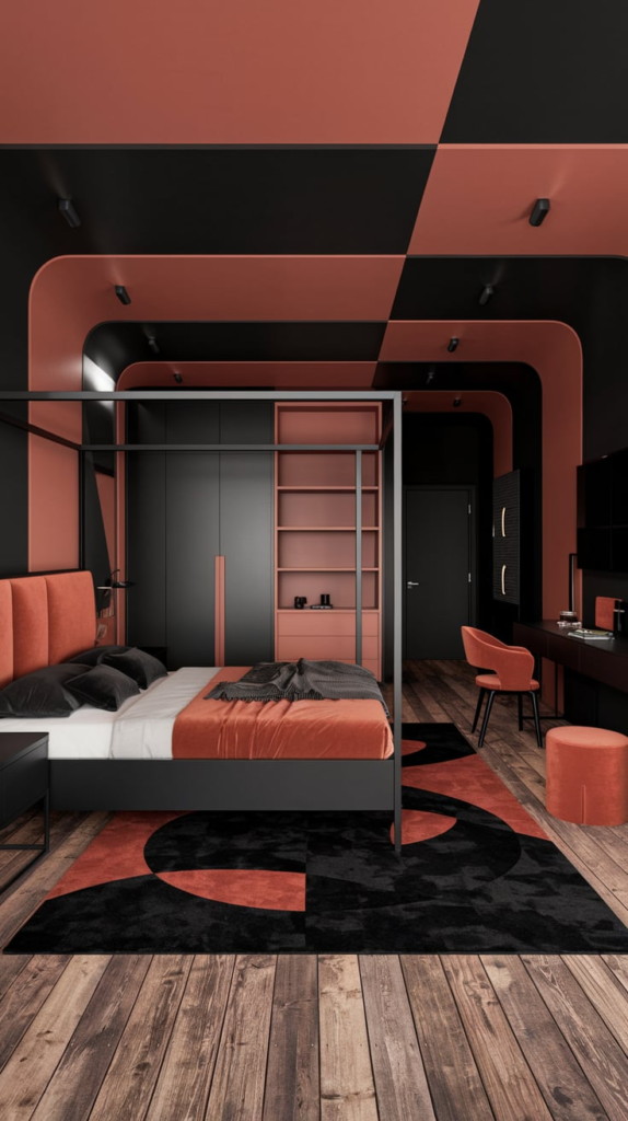 Black Metal Bed Frame with Rust Bedding