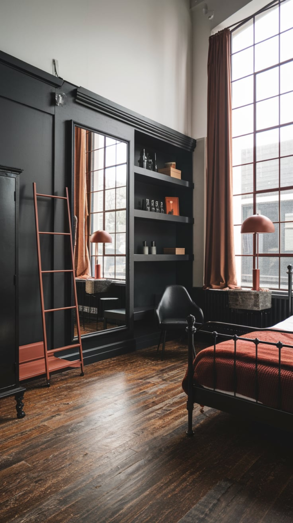 Rust Pendant Lights with Black Walls