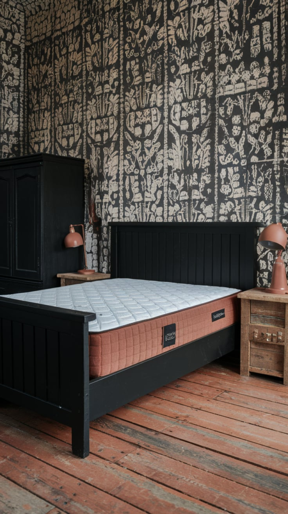 Black and Rust Bedroom with Wood Accents