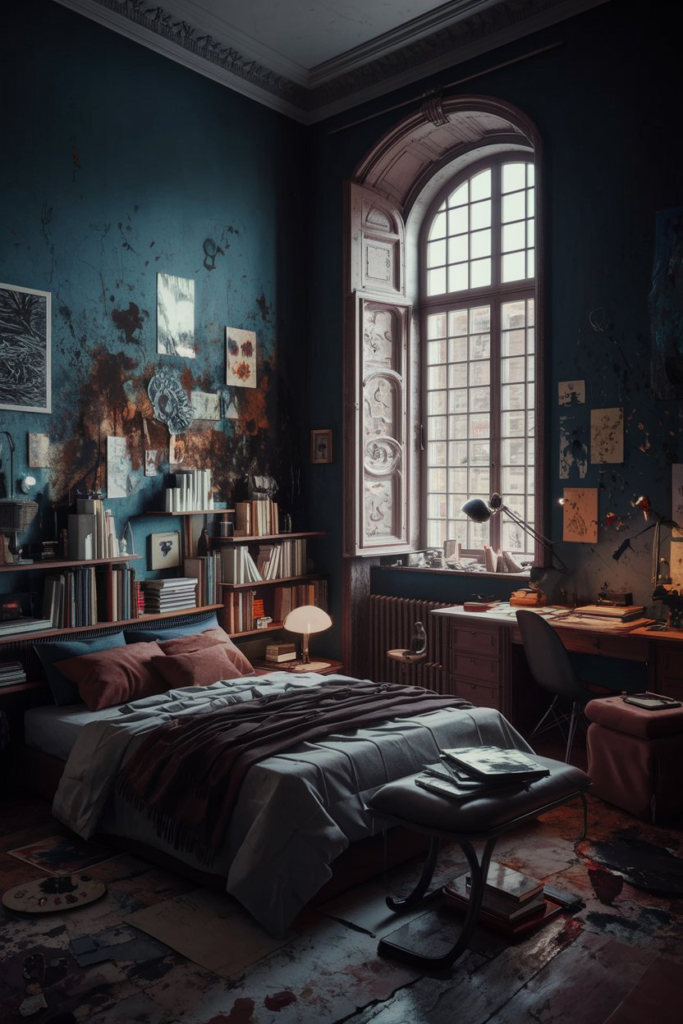 Rust Bedspread with Black and White Artwork
