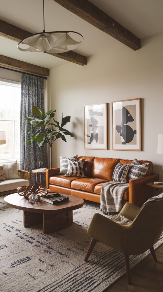 Layered lighting in eclectic living room