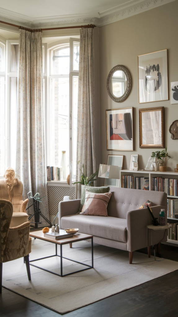 Indoor plants in eclectic living room