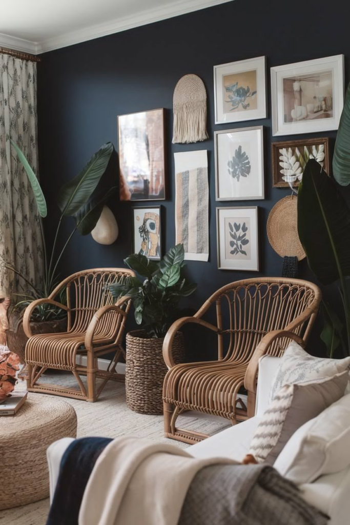 Boho accents in eclectic living room