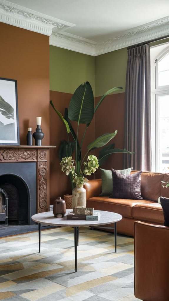 Rustic farmhouse living room with brown beams and green accent wall