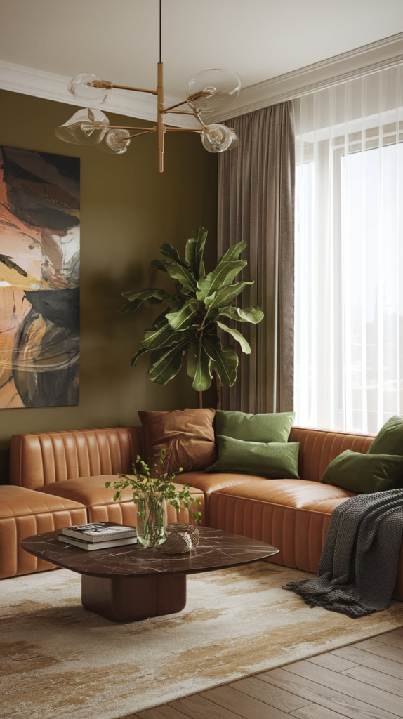 Mid-century modern living room with brown wood and green velvet chairs