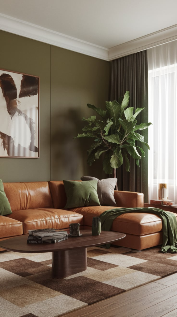 Neutral brown living room with green accents