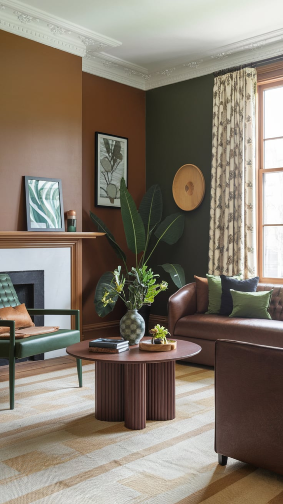 Bohemian living room with brown wicker furniture and green plants
