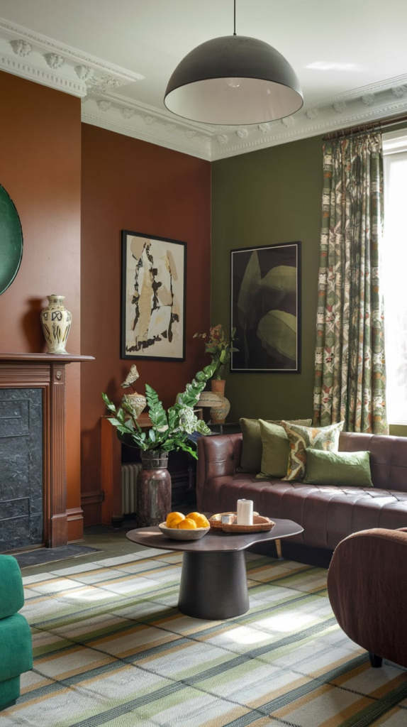 Living room with dark green walls and brown furniture