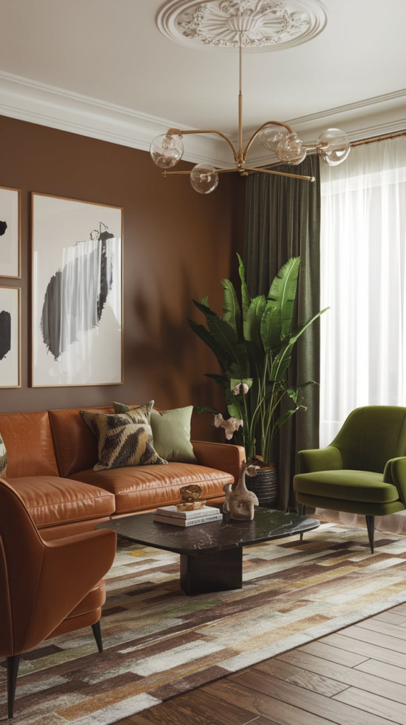 Tropical living room with brown rattan sofa and green palm leaves
