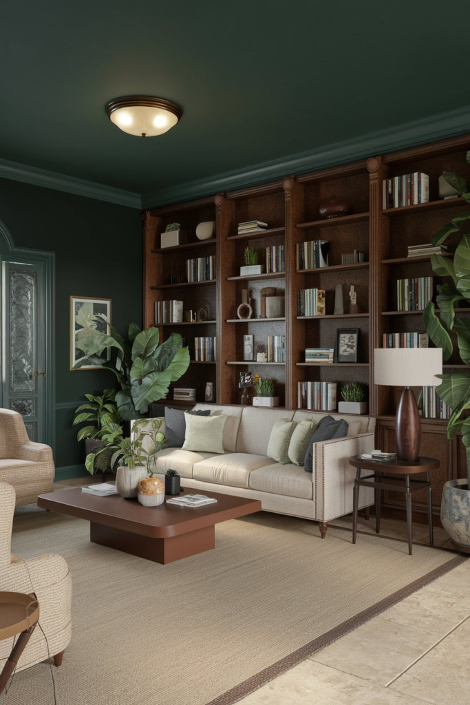 Brown wooden floor with bold green rug