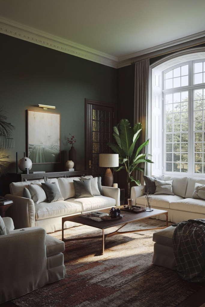 Brown leather furniture with indoor green plants
