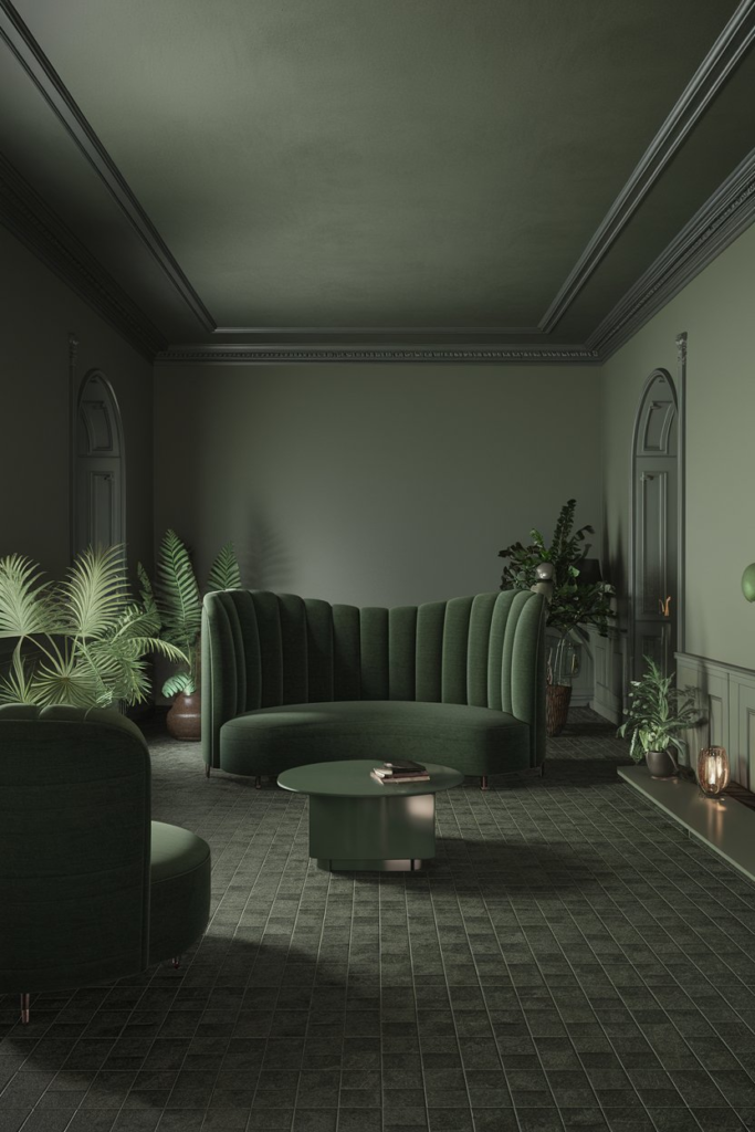 Living room with soft green walls and brown wooden furniture
