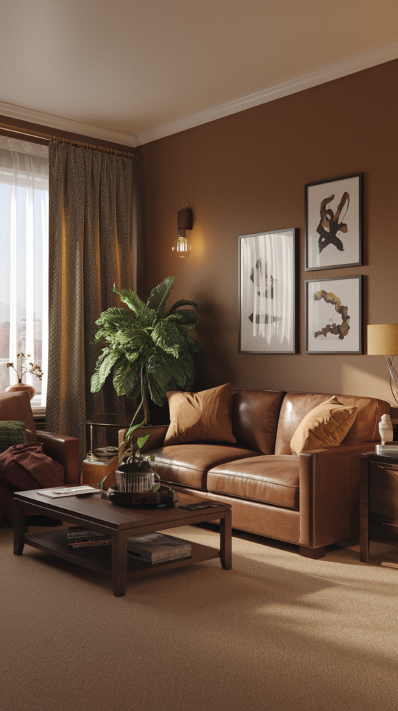 Cabin style living room with brown wood and green plaid throws