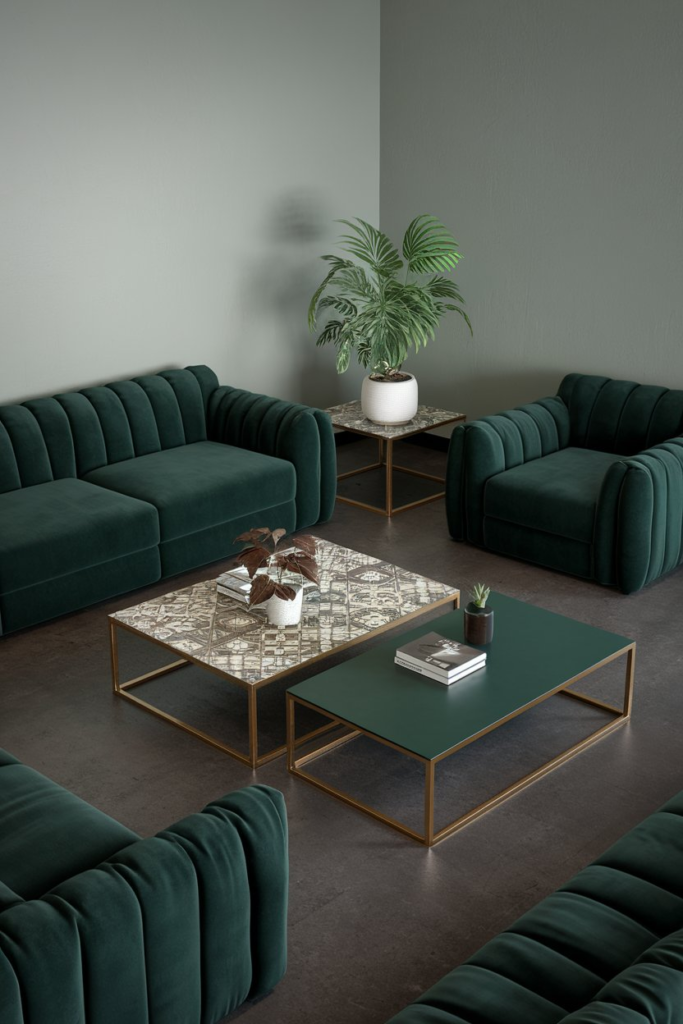 Modern farmhouse living room with brown wood and green plants