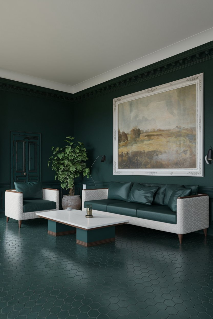 Minimalist living room with brown leather sofa and green plant