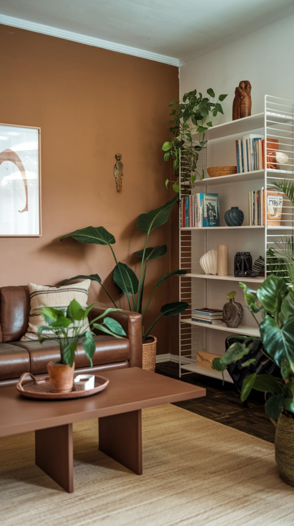 Living room with dark green walls and light brown furniture