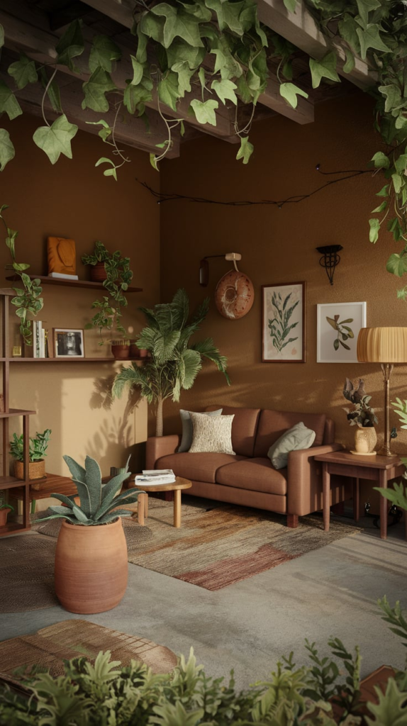 Coastal living room with brown wicker furniture and green palm plants
