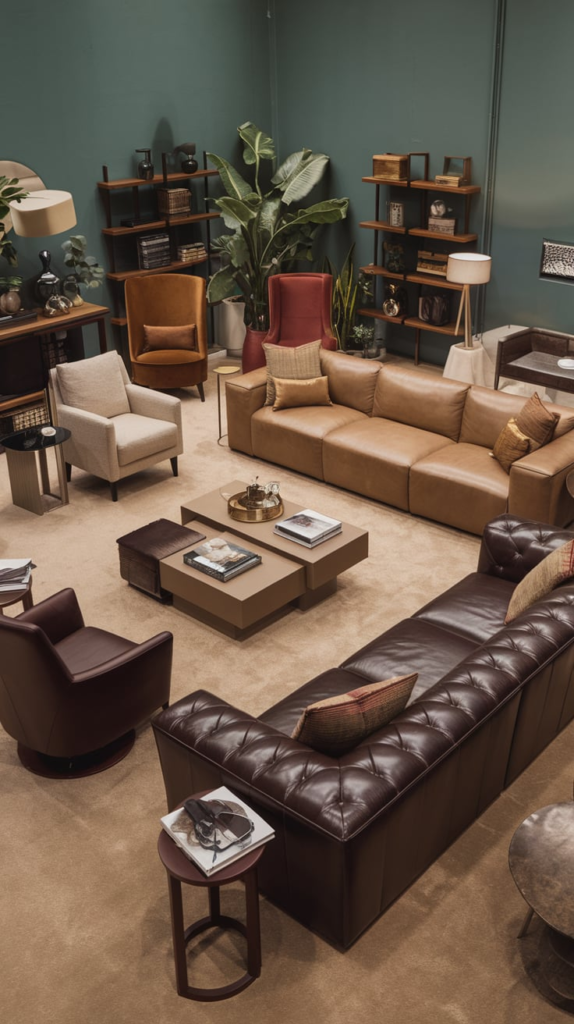 Living room with natural wood, stone, and green plants