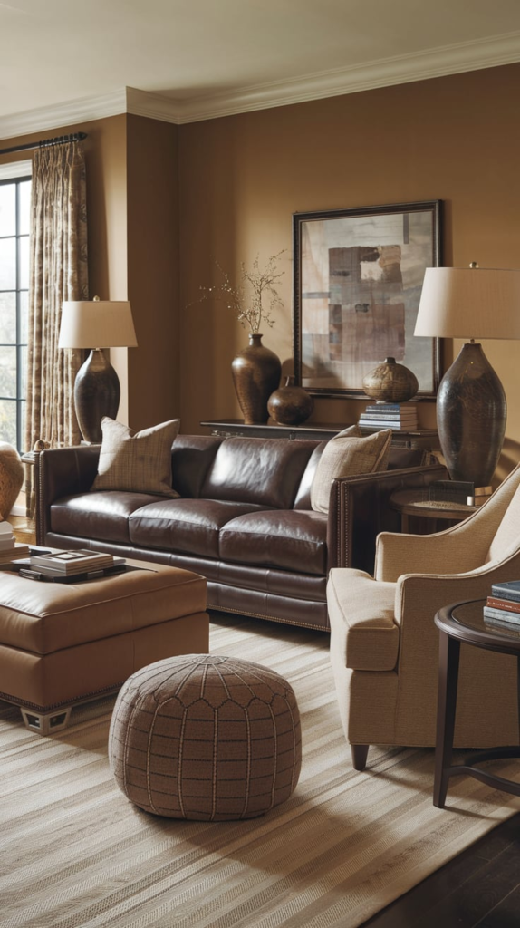Brown leather sofa with green pillows and plants