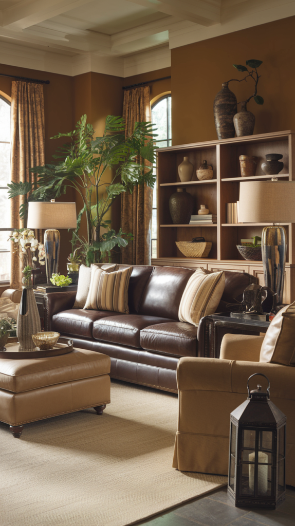 Living room with brown, green, and gold accents