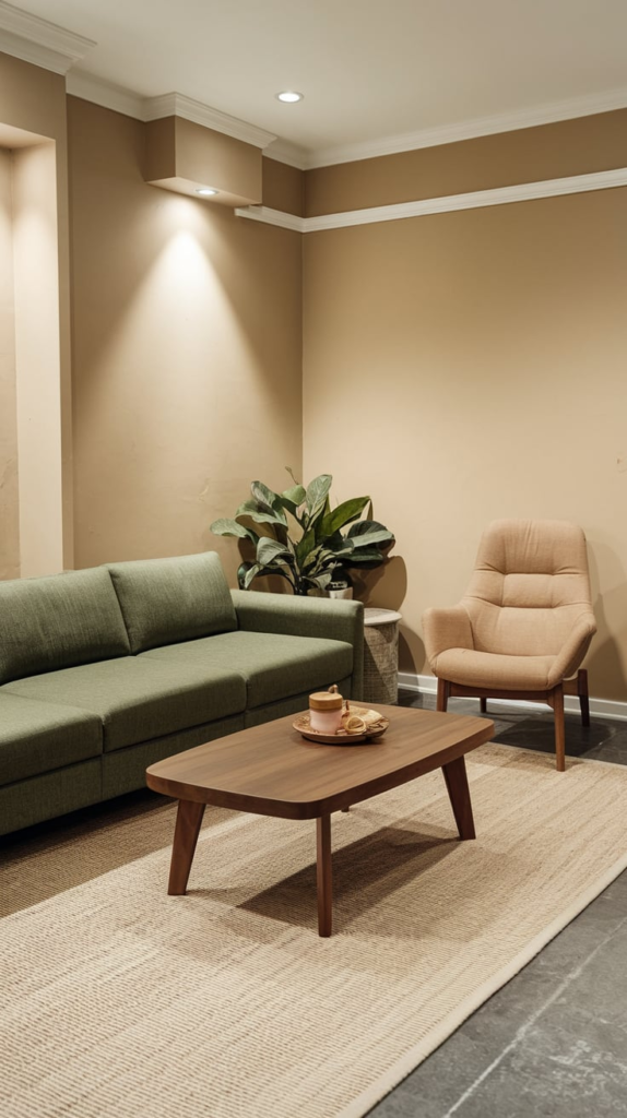Cozy living room with brown and green decor