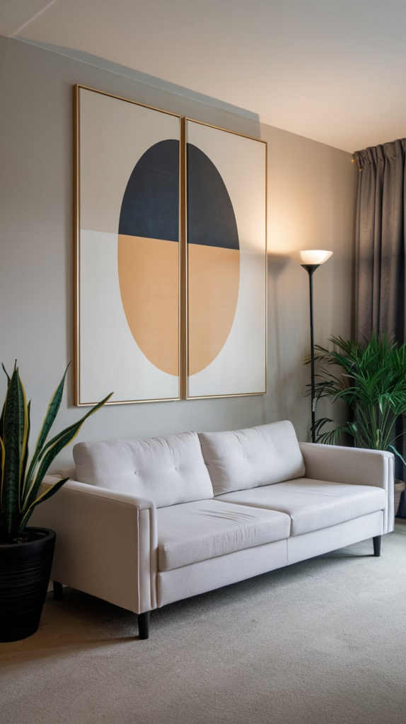 Floating shelves behind couch