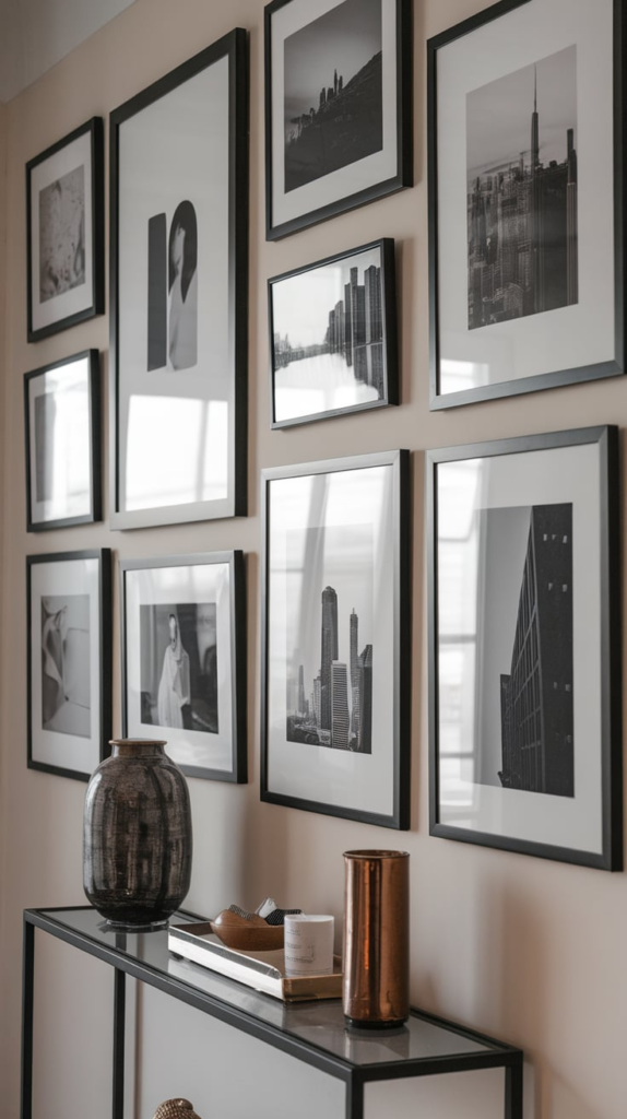 Symmetrical framed art behind couch