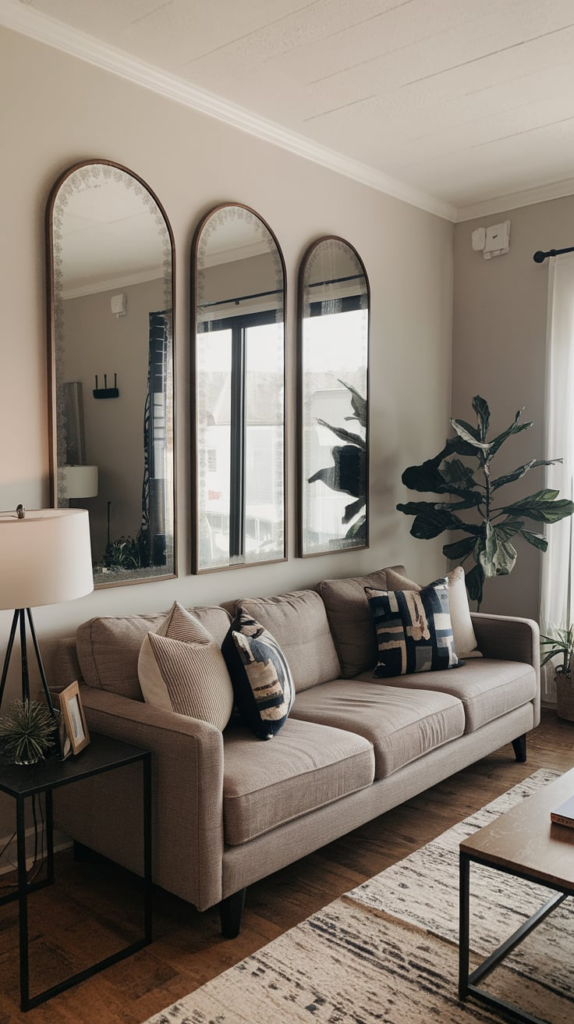 Wooden accent wall behind couch