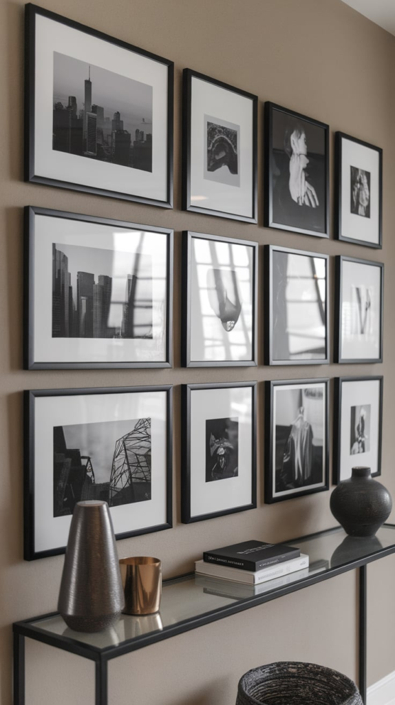 Family photo collage behind couch