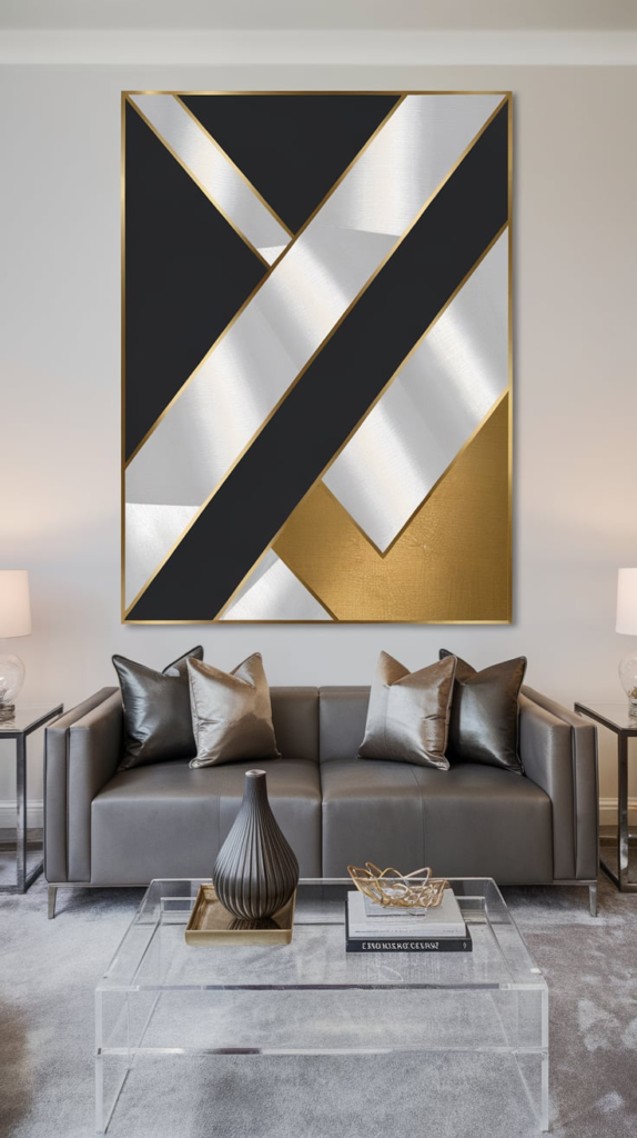 Collection displayed behind couch